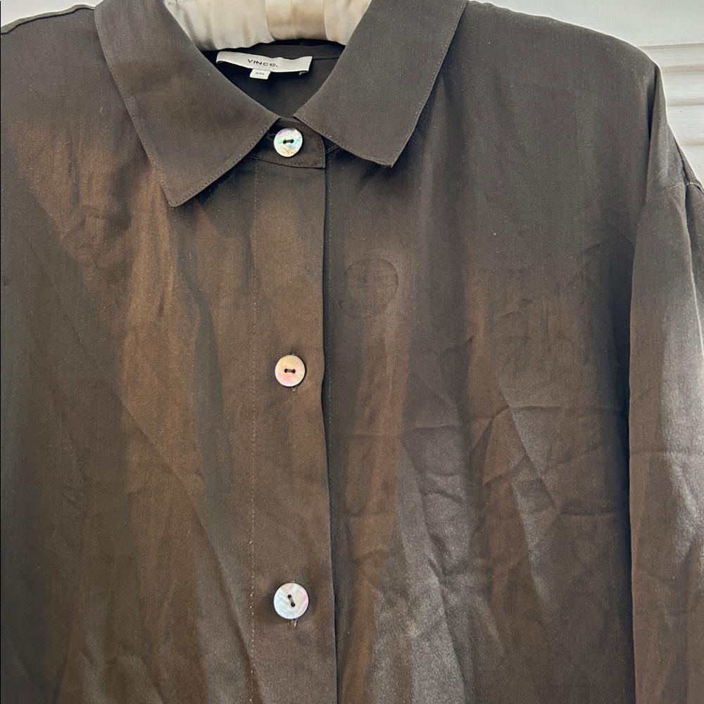 Vince Dark Olive Button-Up Silk Shirt XXL